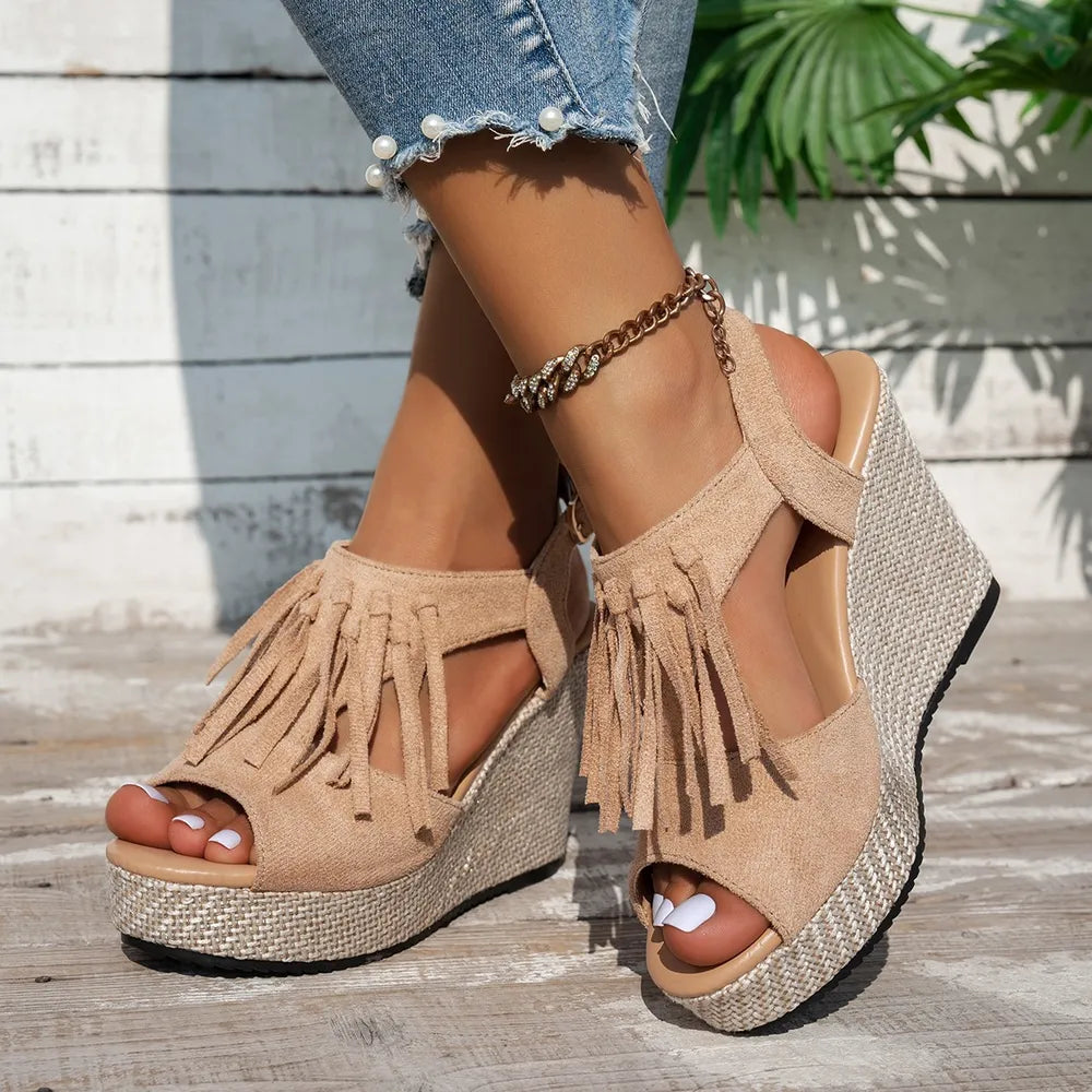 L'ADM - Sandales Compensées à Franges – Bout Ouvert & Style Bohème