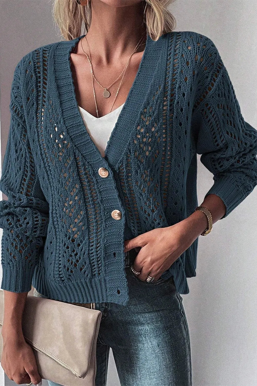 L'ADM - Gilet Long à Manches Longues en Maille Ajouree avec Boutons