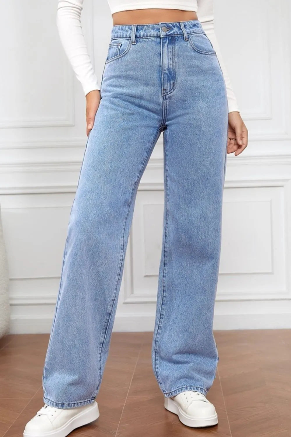 L'ADM - Jean Droit Taille Haute en Denim Délavé pour Femme