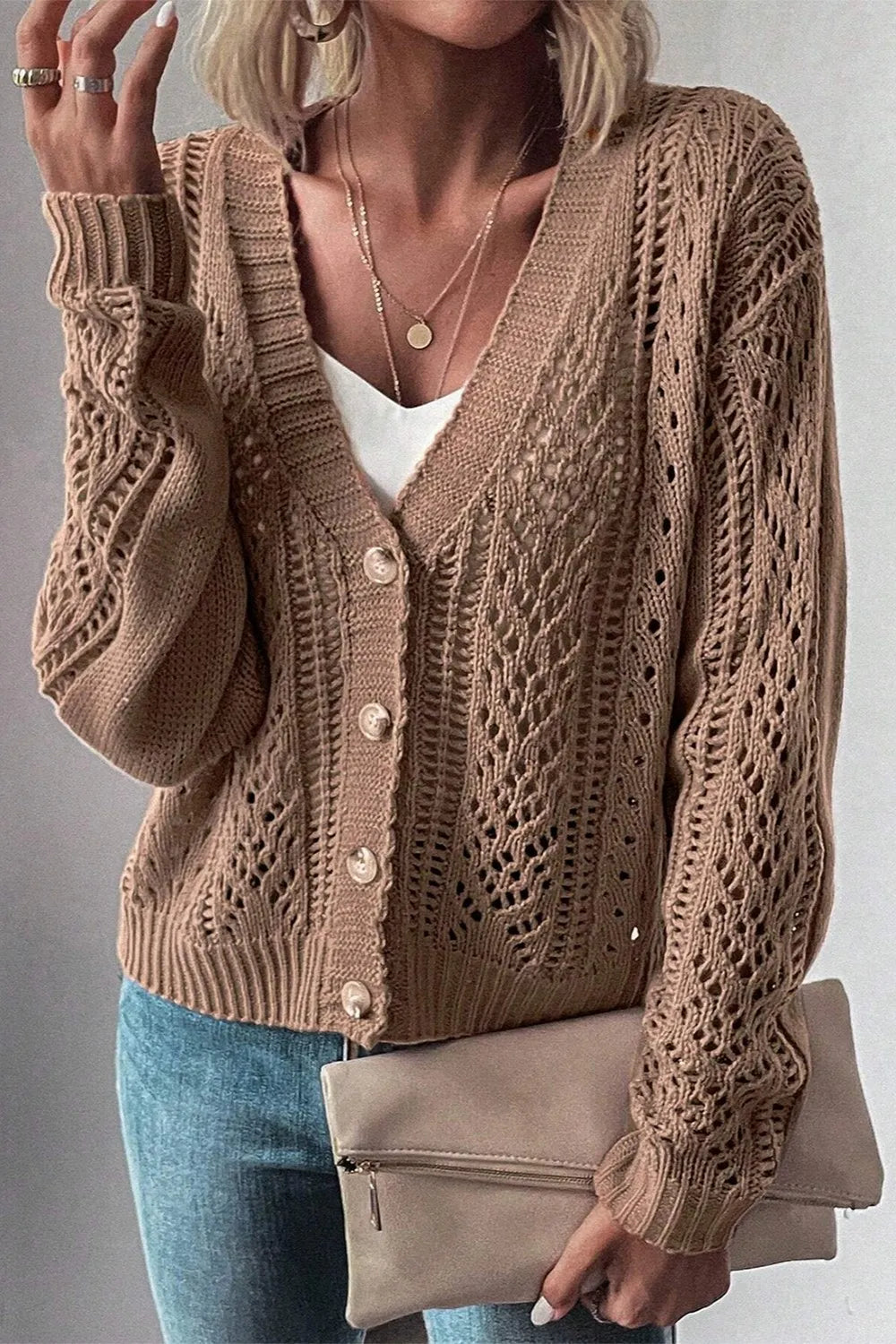 L'ADM - Gilet Long à Manches Longues en Maille Ajouree avec Boutons