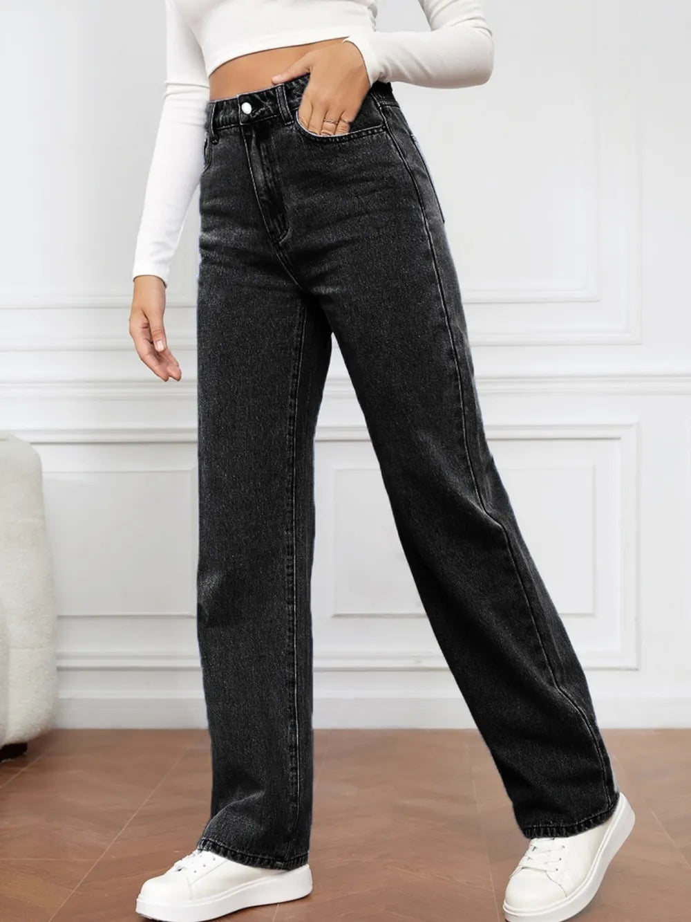L'ADM - Jean Droit Taille Haute en Denim Délavé pour Femme
