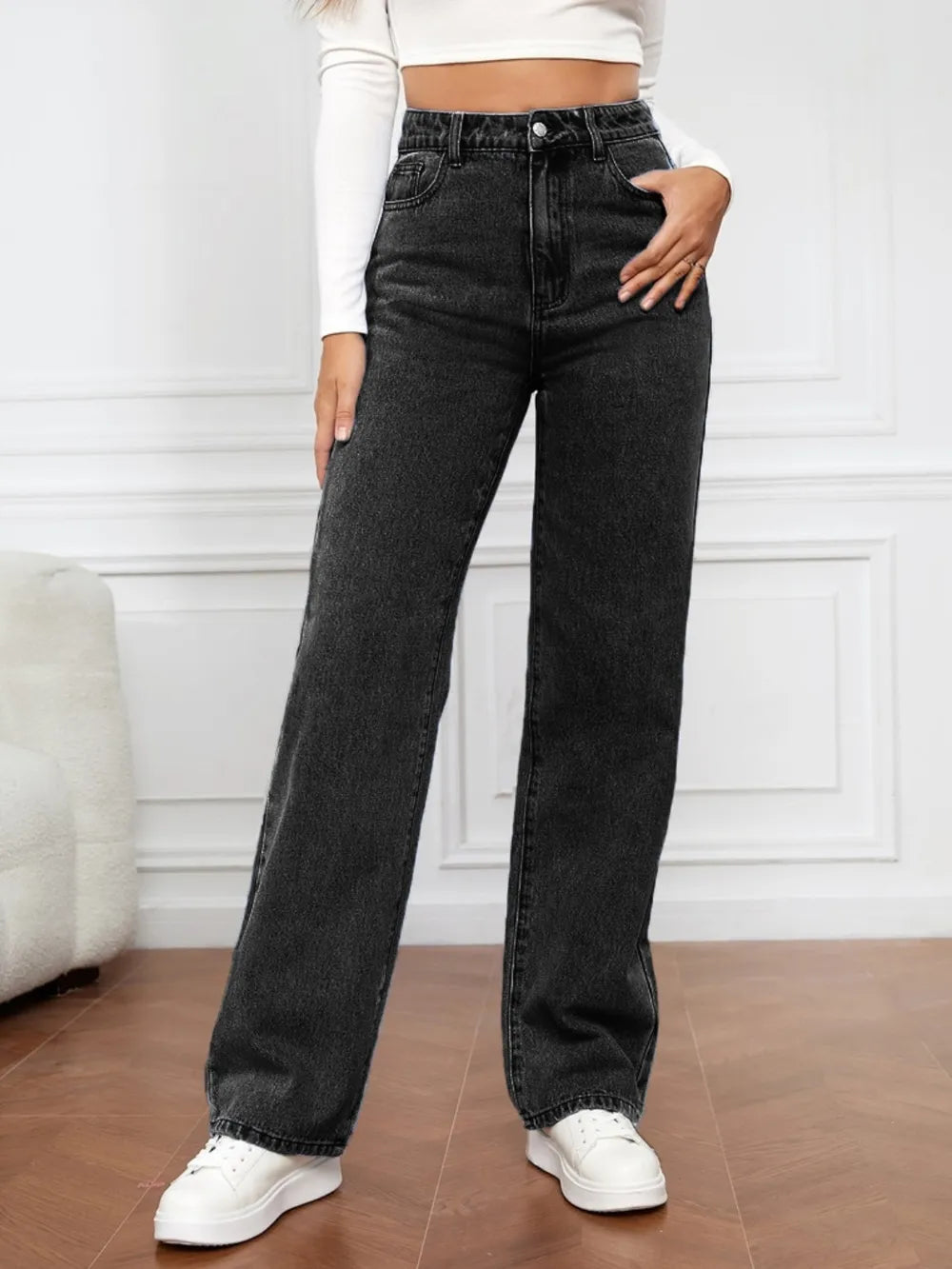 L'ADM - Jean Droit Taille Haute en Denim Délavé pour Femme