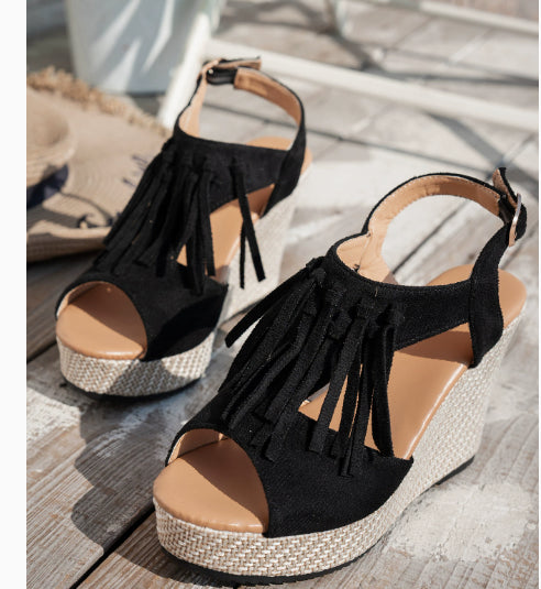 L'ADM - Sandales Compensées à Franges – Bout Ouvert & Style Bohème