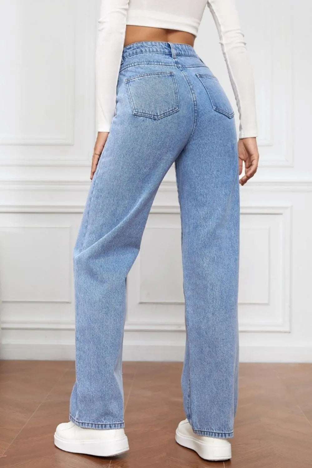 L'ADM - Jean Droit Taille Haute en Denim Délavé pour Femme