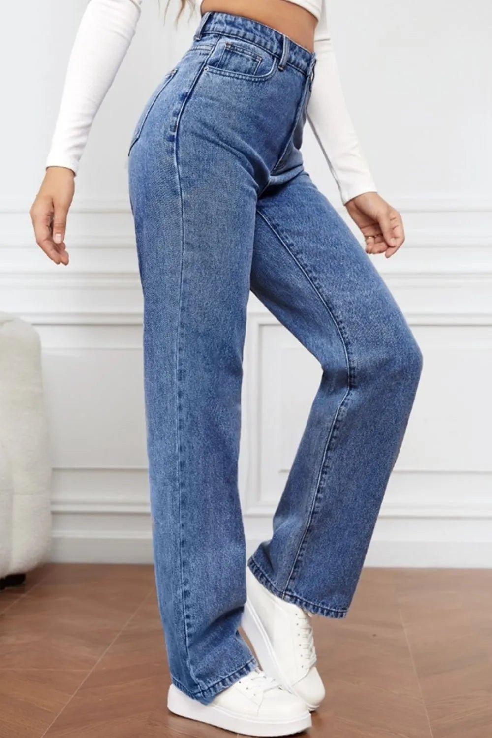 L'ADM - Jean Droit Taille Haute en Denim Délavé pour Femme