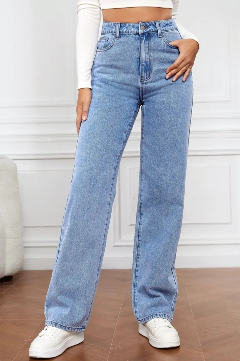 L'ADM - Jean Droit Taille Haute en Denim Délavé pour Femme