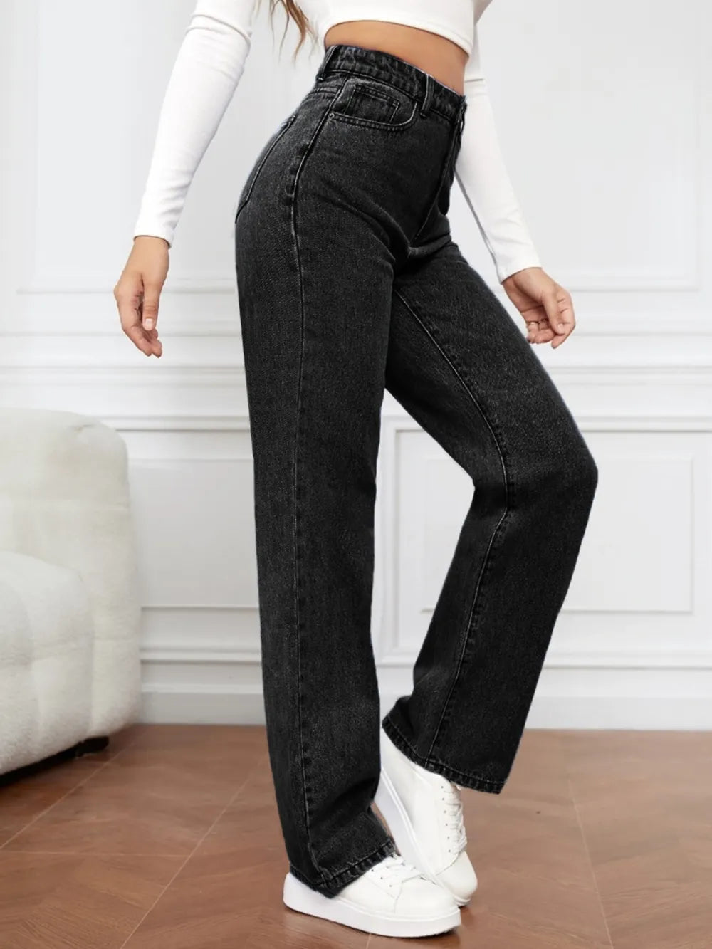 L'ADM - Jean Droit Taille Haute en Denim Délavé pour Femme