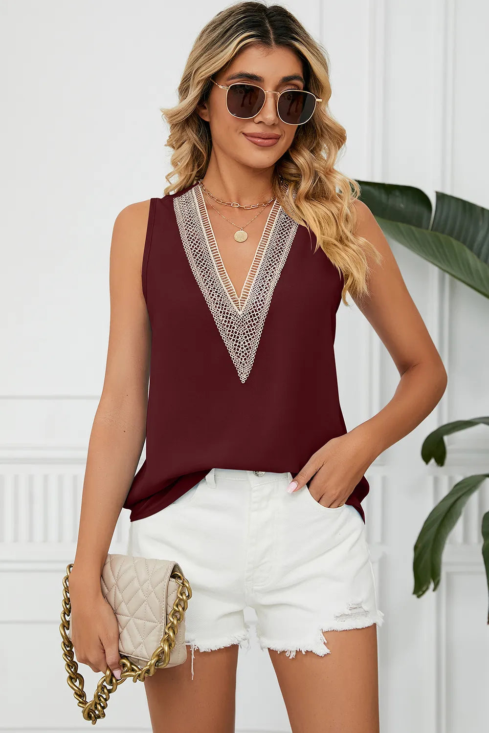 L'ADM – Haut Sans Manches en Chiffon Uni à Col V