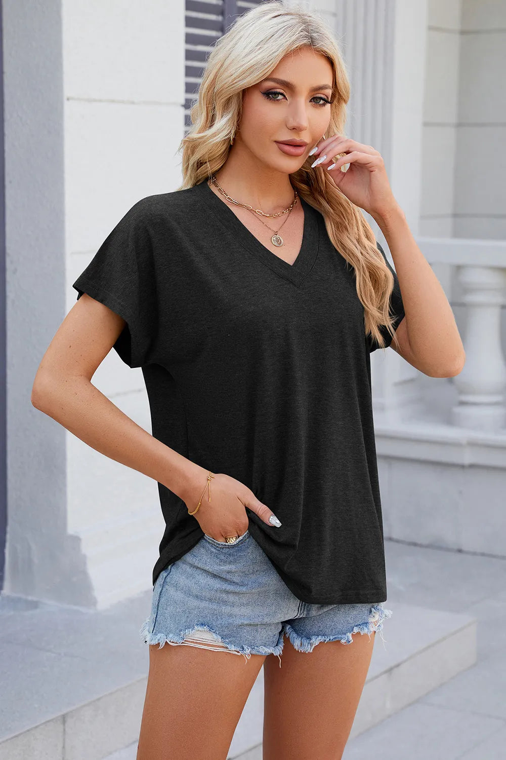 L'ADM – T-shirt Femme Décontracté Uni à Manches Courtes