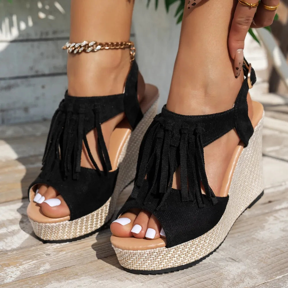 L'ADM - Sandales Compensées à Franges – Bout Ouvert & Style Bohème