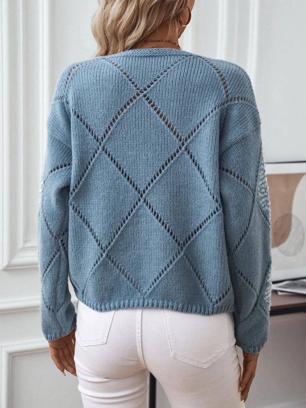 L’ADM – Pull Loose en Maille Ajournée à Sequins Motif Losange