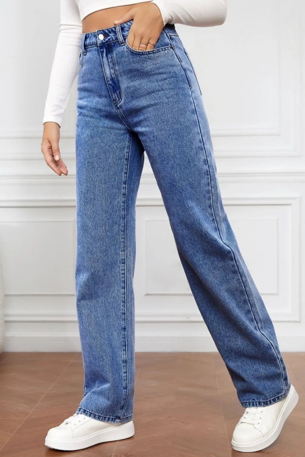 L'ADM - Jean Droit Taille Haute en Denim Délavé pour Femme