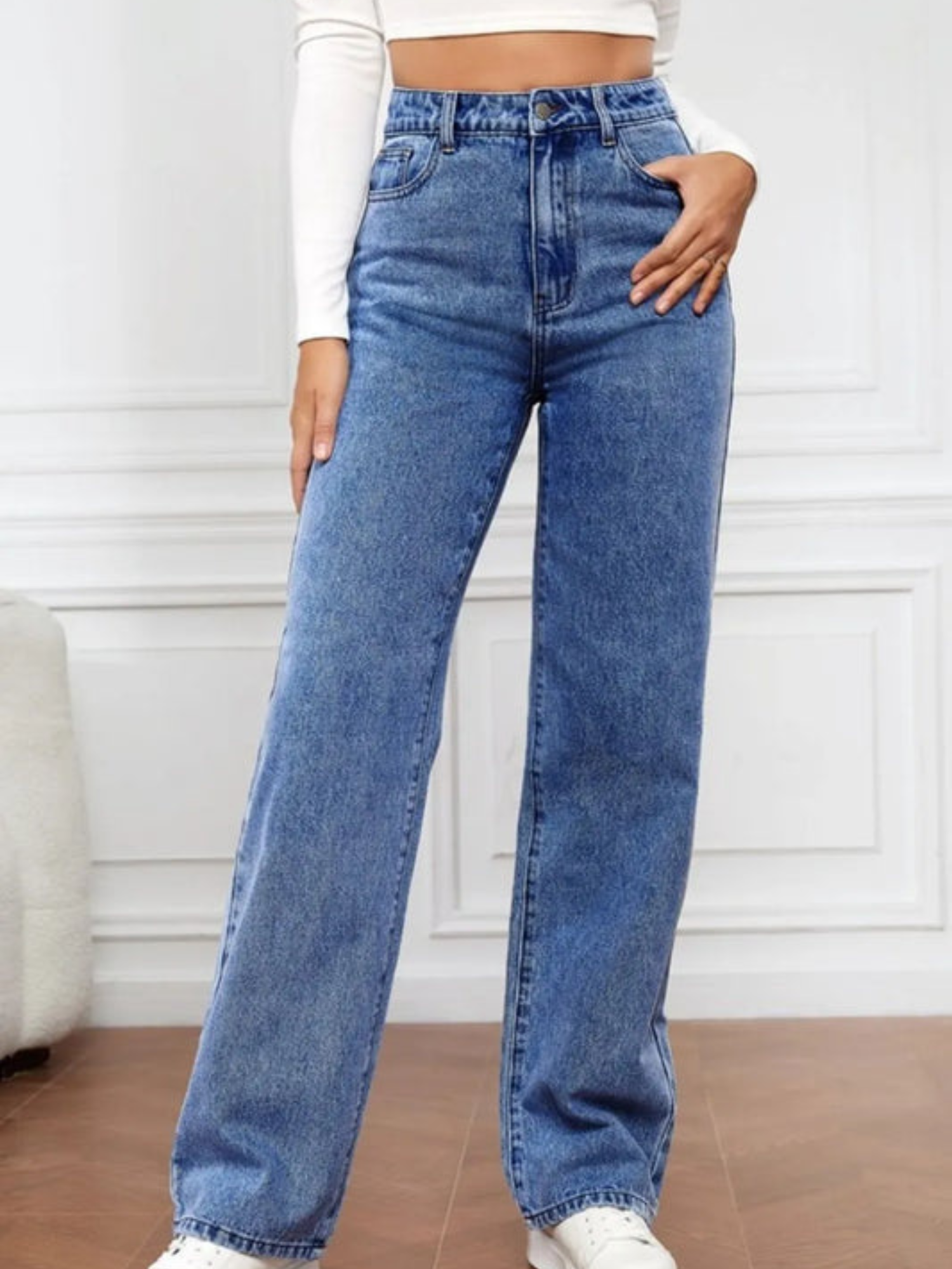 L'ADM - Jean Droit Taille Haute en Denim Délavé pour Femme