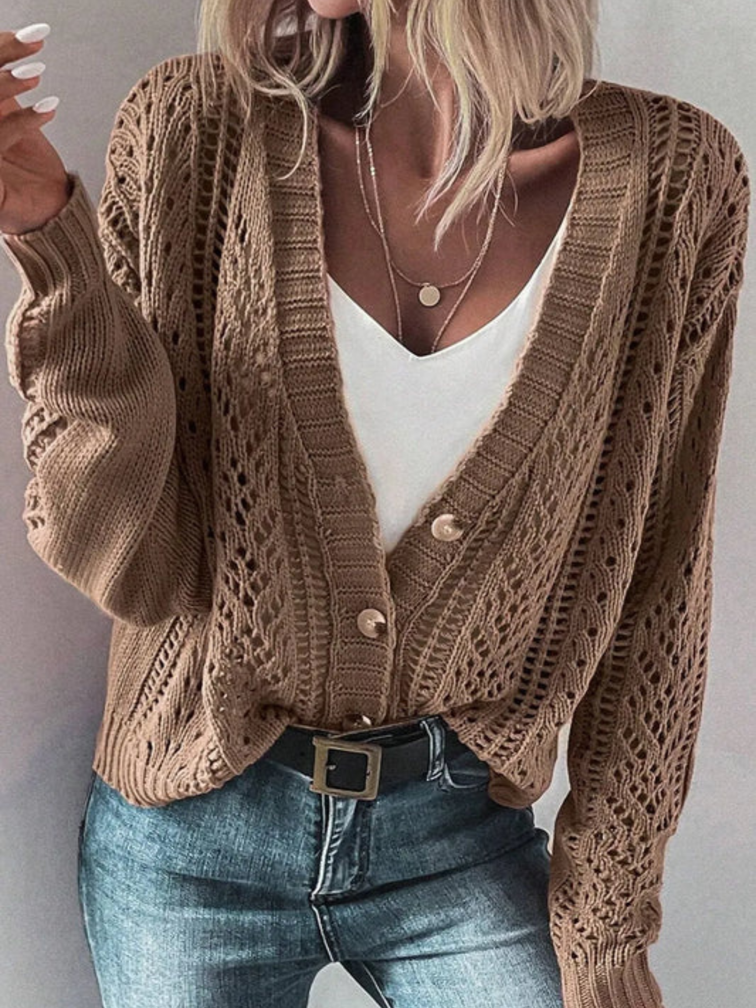 L'ADM - Gilet Long à Manches Longues en Maille Ajouree avec Boutons